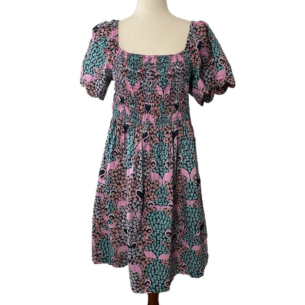 Simply Southern Smocked Dress Womens Large Pink Flamingos Floral Puff Sleeve